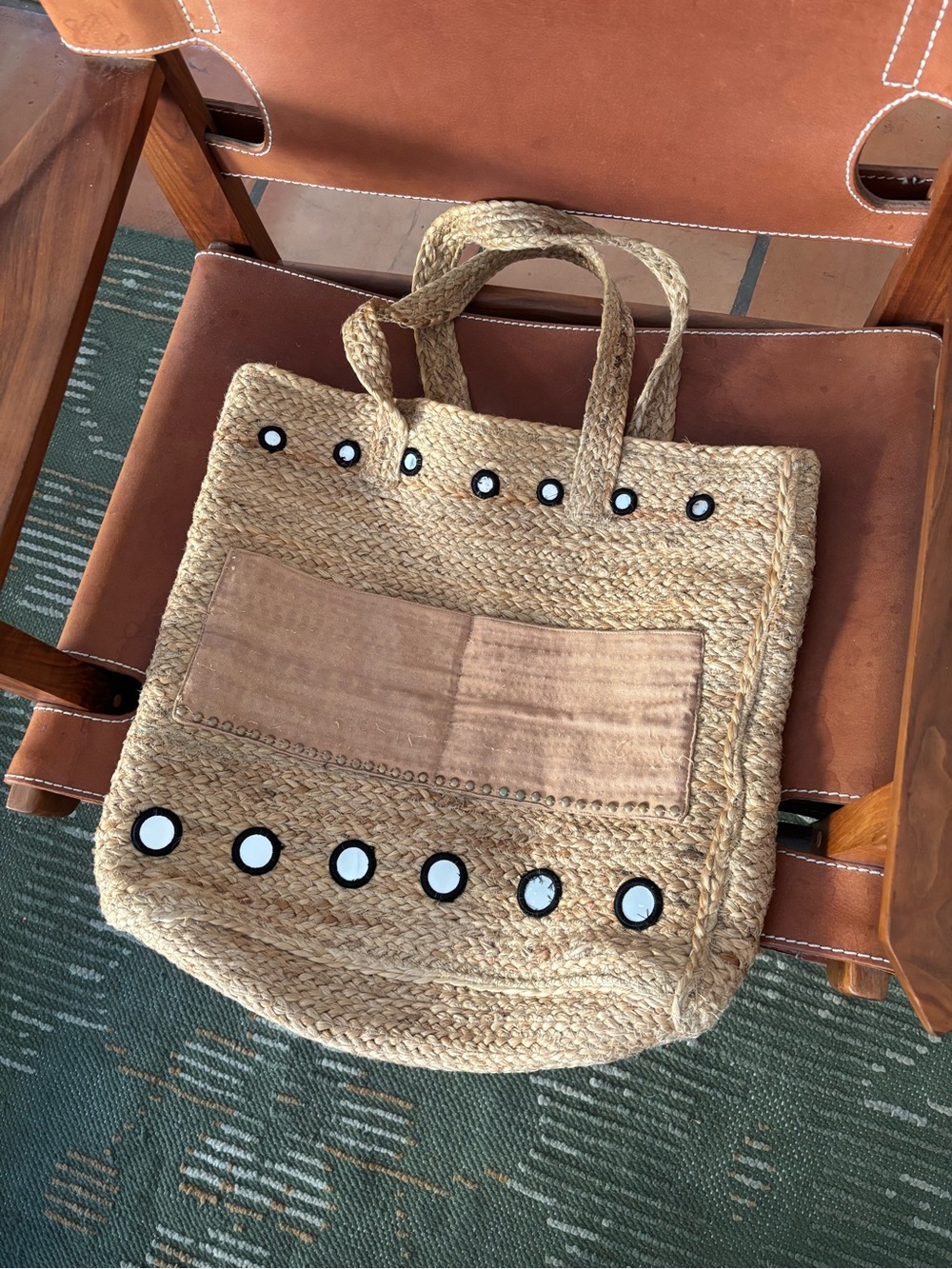 Handmade and Unique Jute Bohemian large tote with mirror and beaded details